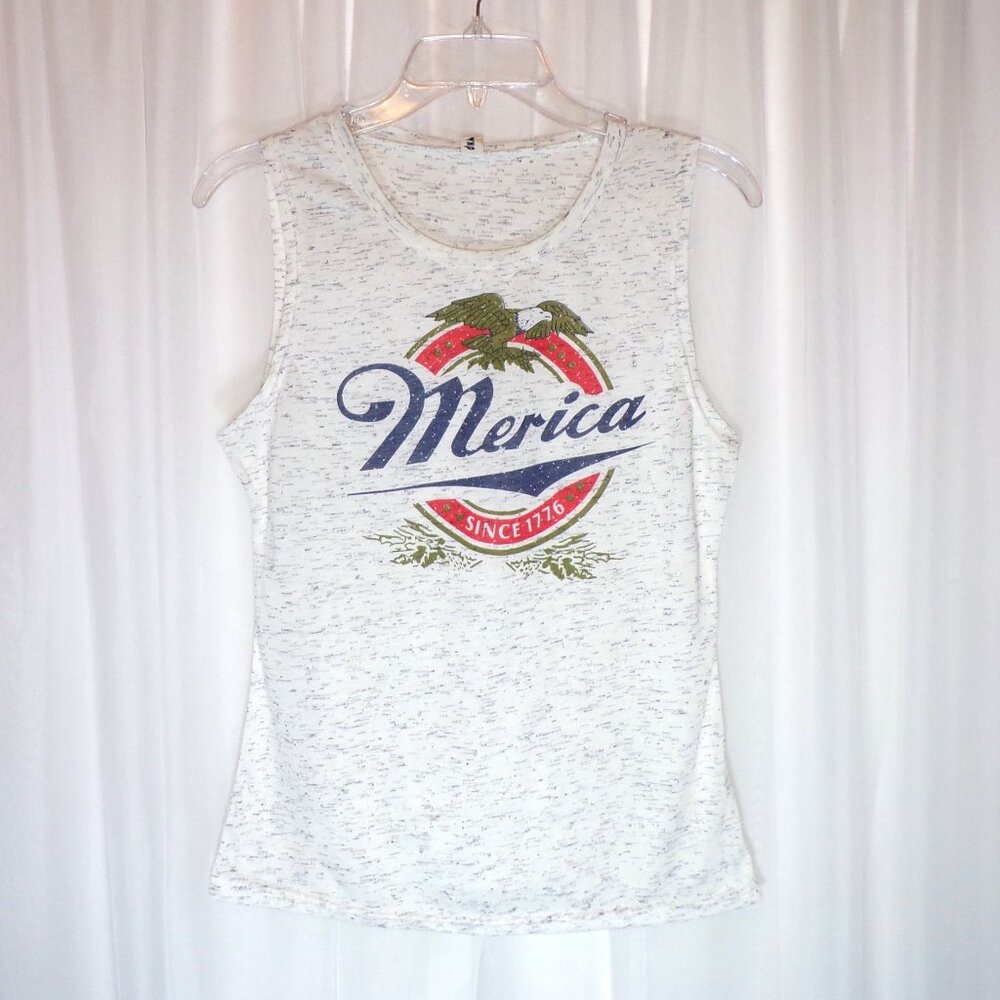 Merica Since 1776 Tank Top Womens Medium White Gray Stretch America July 4th